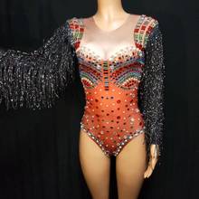 Multicolour Tassels Long Sleeves Stage Bodysuits Women Stretch Rhinestone Jumpsuits Pole Dance Leotard Jazz DJ Singer Outfits 2024 - buy cheap