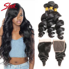 Sleek Brazilian Loose Wave Bundles With Closure Natuarl Color 3 Bundles With Closure Remy Human Hair For Black Women 2024 - buy cheap
