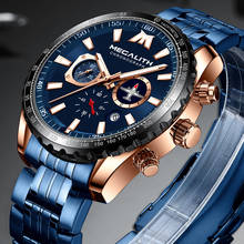 MEGALITH-relojes de acero azul para hombre, de cuarzo, luminoso, puntero de avión, deportivo, resistente al agua hasta 30M, militar, con caja 2024 - compra barato