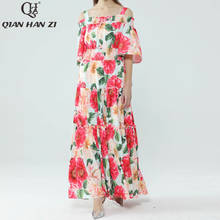 Qian Han Zi runway summer long dress Women Sexy Slash neck dress Off the Shoulder print elastic waist slim elegant maxi dress 2024 - buy cheap