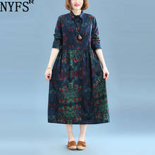NYFS 20201 New Spring Autumn Woman Dress Loose Vintage Cotton Linen Printing long Dress vestido de mujer Robe Elbise 2024 - buy cheap