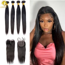 Mishell 32 40 Polegada tecer cabelo humano em linha reta brasileiro 3 4 pacotes com 13x4 rendas frontal pré arrancadas pacotes de cabelo remy frontal 2024 - compre barato