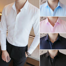 Мужская Повседневная деловая рубашка, однотонная приталенная рубашка с длинными рукавами, белого и черного цвета 2024 - купить недорого