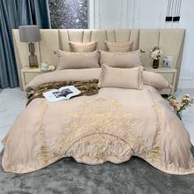 Novo luxo champagne 600tc cetim de seda algodão ouro bordado real 4 pçs conjunto cama duvet cover plana/lençol fronhas 2024 - compre barato