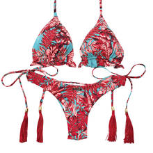 Mulheres Boho Bikini Set Sexy Verão da Cópia Floral Swimsuit Tassel Folhas Biquíni Dois-купальник pieace Biquíni Maiô Beachwear 2024 - compre barato