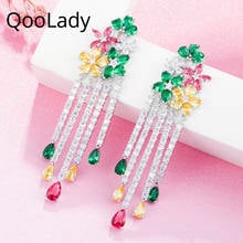 QooLady Sparkly Green Yellow Multicolored CZ Stone Long Tassel Flower Drop Earrings for Women Bridal Wedding  Jewelry 2019 E025 2024 - buy cheap