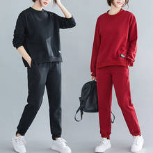 Spring Autumn Solid Color Fashion Suit Women Round Neck Pullover Sweatshirt+Elastic Waist Sweatpants Irregular Two-Piece Female 2024 - buy cheap