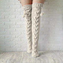 Meias femininas de malha longa em cor sólida, meias compridas tubo com pompom, meias de inverno quentes acima do joelho, meia-calça de lã justa, aquecedor de pernas 2024 - compre barato