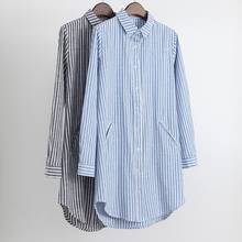 Camisa feminina manga comprida, camisa feminina folgada de algodão e linho com listras azuis e brancas, para primavera e outono 2024 - compre barato