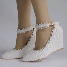 Sapato de casamento com renda branca, calçado em novo estilo com uma fivela palavra na moda primavera, tamanho grande, vestido de festa com contas 2024 - compre barato