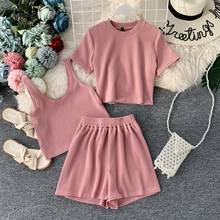 2021 New Summer Fashion Casual 3 Piece Set O - Neck Short sleeve  Loose Knit Top High Waist Elastic Wide Leg Shorts 2024 - buy cheap