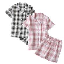 Men And Women Lovers Pajamas Set Comfort Gauze Cotton Plaid Sleepwear Summer New Loose Short Sleeve Sleepwear Couples Homewear 2024 - buy cheap