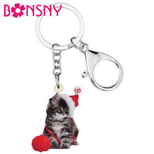 Bonsny Acrylic Christmas Hat Cat Key Chains Rings Animal Keychains For Women Girls Teen Bag Car Wallet Decoration Gift Accessory 2024 - buy cheap