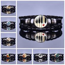 Piano Bracelet Music Instruments Cleft Picture Glass Snap Black Leather Bracelet Guitar Clarinet Flute Violin Charm Bangles Gift 2024 - buy cheap