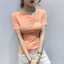 Модные футболки с коротким рукавом, женские топы, футболка с асимметричным вырезом, облегающая Летняя Повседневная Женская Однотонная футболка, базовая футболка, Корейская Новинка 2020 2024 - купить недорого