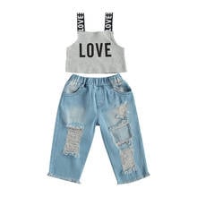 Hot Summer Kids Girls Clothes Sleeveless Knitted Vest Denim Pants Children Fashion 2pcs Girls Holiday Casual Clothing Sets 2024 - buy cheap