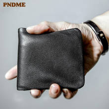 PNDME simple casual soft natural first layer cowhide men's short wallet fashion vintage genuine leather black card holder purse 2024 - buy cheap