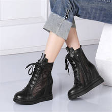 PXELENA 2021 Spring New Genuine Leather+Mesh Ankle Boots Hidden Wedge High Heels Punk Rock Gothic Shoes Breathable Black White 2024 - buy cheap