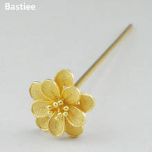 Bastiee Flower 999 Sterling Silver Hair Stick Hmong Handmade Hair Pin Golden Plated Jewelry Luxury Accessories 2024 - buy cheap