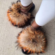 Atacado chinelos de pele de raposa casa de moda feminina macio sandálias de pelúcia feminino casual plana flip flops slides peludos de luxo da menina 2024 - compre barato