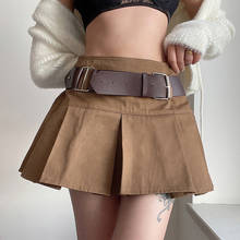 Женская мини-юбка с поясом, коричневая плиссированная короткая юбка с высокой талией, в Корейском стиле, на пуговицах, лето 2021 2024 - купить недорого