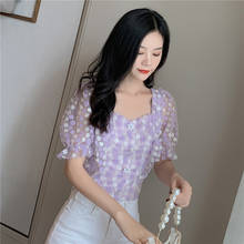 Women Tops 2020 Summer Flowers Embroidered Square Neck Puff Sleeve Mesh Dames Blouse See Through Crop Top Fashion Shirt Purple 2024 - buy cheap