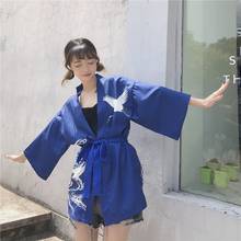 Yukata-Kimono con estampado de grulla japonesa para mujer, Rebeca Harajuku, camisa holgada de verano, Tops informales, abrigo Yukata Haori, 11121 2024 - compra barato