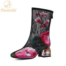 Phoentin women Floral mesh mid calf summer boots Ethnic embroidered 2021 crystal high heel sandals big size 43 shoes FT1488 2024 - buy cheap