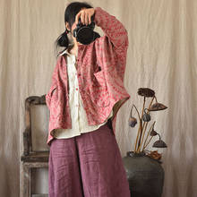 YoYiKamomo-Camisa de lino y algodón para mujer, Rebeca de talla grande con estampado Vintage Floral, bolsillos, holgada, primavera y verano, 2021 2024 - compra barato