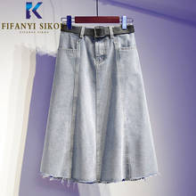 Primavera verão mulheres plus size jeans saia bolso cintura alta saia longa média feminina moda solta a-line jeans saias com cinto 2024 - compre barato