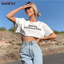 InstaHot letter printed cropped top women t shirt short sleeve round neck loose cotton summer streetwear casual basic T shirt 2024 - buy cheap