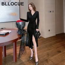 BLLOCUE-vestido plisado de manga larga con cuello en V para mujer, traje Sexy de estilo coreano, abertura larga, elegante, Otoño e Invierno 2024 - compra barato