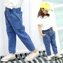 Calça jeans elástica infantil, estilo coreano, cintura alta, algodão, casual, para meninas 2 a 10t, outono 2020 2024 - compre barato