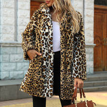 Leopard Print Faux Fur Coat With Pocket Women Winter Thick Warm Plush Jacket 2020 Fashion Elegant Long Lapel Outerwear Plus Size 2024 - buy cheap