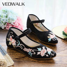 Veowalk Spring Autumn Women Cotton Embroidered Pointed Toe Ballet Flats Retro Ladies Soft Comfortable Canvas Strap Shoes 2024 - buy cheap