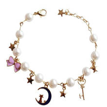 Модный золотой браслет с Луной, кошкой, звездой и бантом, элегантный браслет с имитацией жемчуга для девочек, золотой браслет, подарок на день рождения, ювелирное изделие 2024 - купить недорого