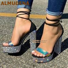 ALMUDEN-Sandalias con tacón de plataforma grueso de cristal ostentoso, zapatos de boda con correa de PVC iridiscente, holograma, con cordones, para club nocturno 2024 - compra barato