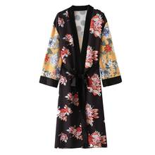 Casaco kimono feminino estampa floral, camisa casual boho folgada com cinto 2024 - compre barato