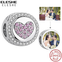 ELESHE-abalorio redondo de foto personalizado con corazón de CZ rosa, cuentas finas de Plata de Ley 925, compatible con Pulsera Original, joyería artesanal 2024 - compra barato