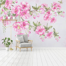 Papel de parede 3d flor de cerejeira em aquarela, pintado à mão flores rosa mural sala quarto adesivo de parede romântico frescos 2024 - compre barato