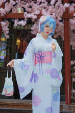 Disfraz de Anime Cosplay Re:Life In A Different World de Zreo Rem/Ram, traje: Kimono + cinturón + lazo + tocado + cintura + bolsa 2024 - compra barato