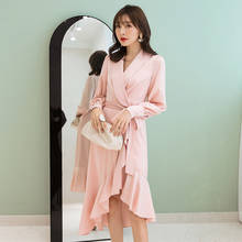 YIGELILA-vestido rosa con cuello vuelto y cinturón, Mangas de linterna, sólido, hasta la rodilla, elegante, 65483 2024 - compra barato