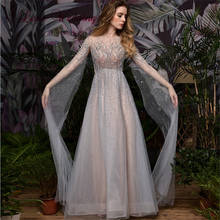 Robe De Soiree 2020 роскошное серебряное вечернее платье с длинными рукавами и круглым вырезом, тяжелое вышитое бисером Тюлевое вечернее платье 2024 - купить недорого