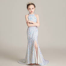 Girl Princess Sexy Split Evening Dress Children Sequin Oriental Style Wedding Dresses Kids Qipao White Chinese New Year Clothes 2024 - buy cheap