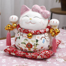 Maneki Neko-Gatito de la suerte de cerámica, caja de dinero, pajarita rosa, figuras de animales de la Fortuna, decoración de escritorio para el hogar 2024 - compra barato