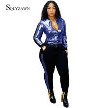 Sexy Sequin Casual Two Piece Set Women Glitter Side Stripe Jacket + Pants Matching Outfit Fall Winter Red Blue Suits Plus Size 2024 - buy cheap