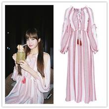 Kpop vestido de comprimento de tornozelo listrado rosa, celebridade coreana estilo de praia feminino verão temperamento de renda vestidos longos 2024 - compre barato