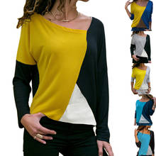 Весенняя женская одежда с длинным рукавом и неровным воротником, контрастный цвет, Повседневный пуловер, свитер, свободная футболка 2024 - купить недорого