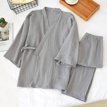 Men Long Sleeve Pajamas Spring V-Neck Cotton Solid Nightwear Plus Size Loose Sleepwear 2 Piece Lounge Set Gauze Kimono Suit 2021 2024 - buy cheap