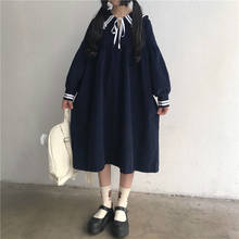 Vestido lolita estilo japonês com gola marinha, vestido fofo de manga longa vintage casual folgado com laço para estudantes, 2020 2024 - compre barato